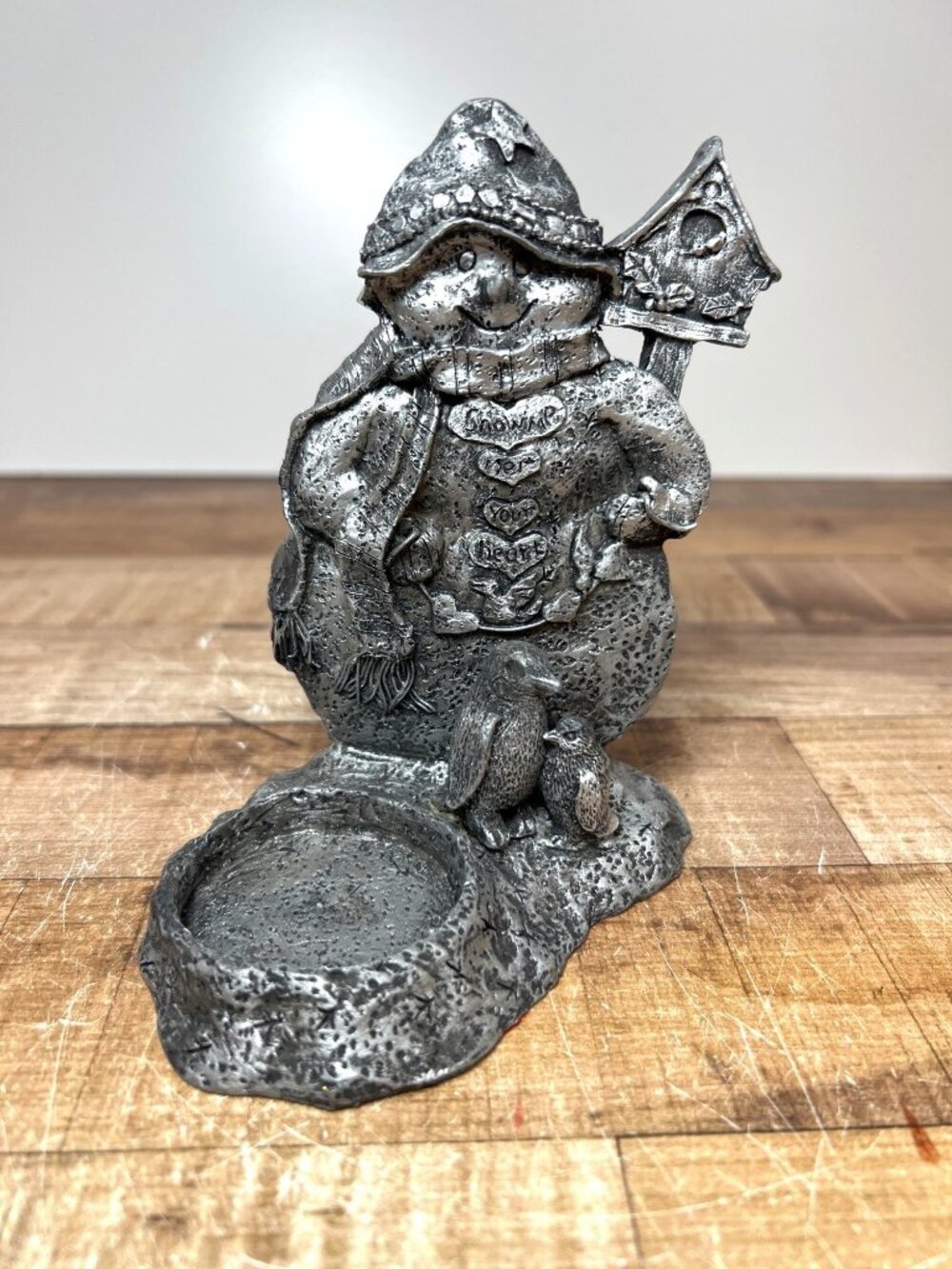 Carson Pewter Snowman Tealight Candle Holder With Birdhouse & Penguins Winter De